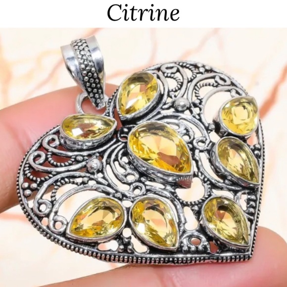 Citrine Quartz Gemstone Handmade Filigree Heart Pendant - Picture 2 of 6